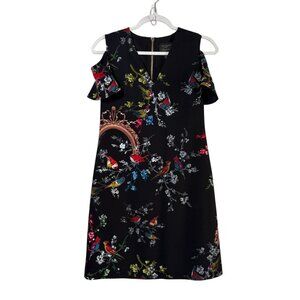Ted Baker Keosha Cold Shoulder Shift Dress Ted Size 1 US 4 Black Floral Bird Zip